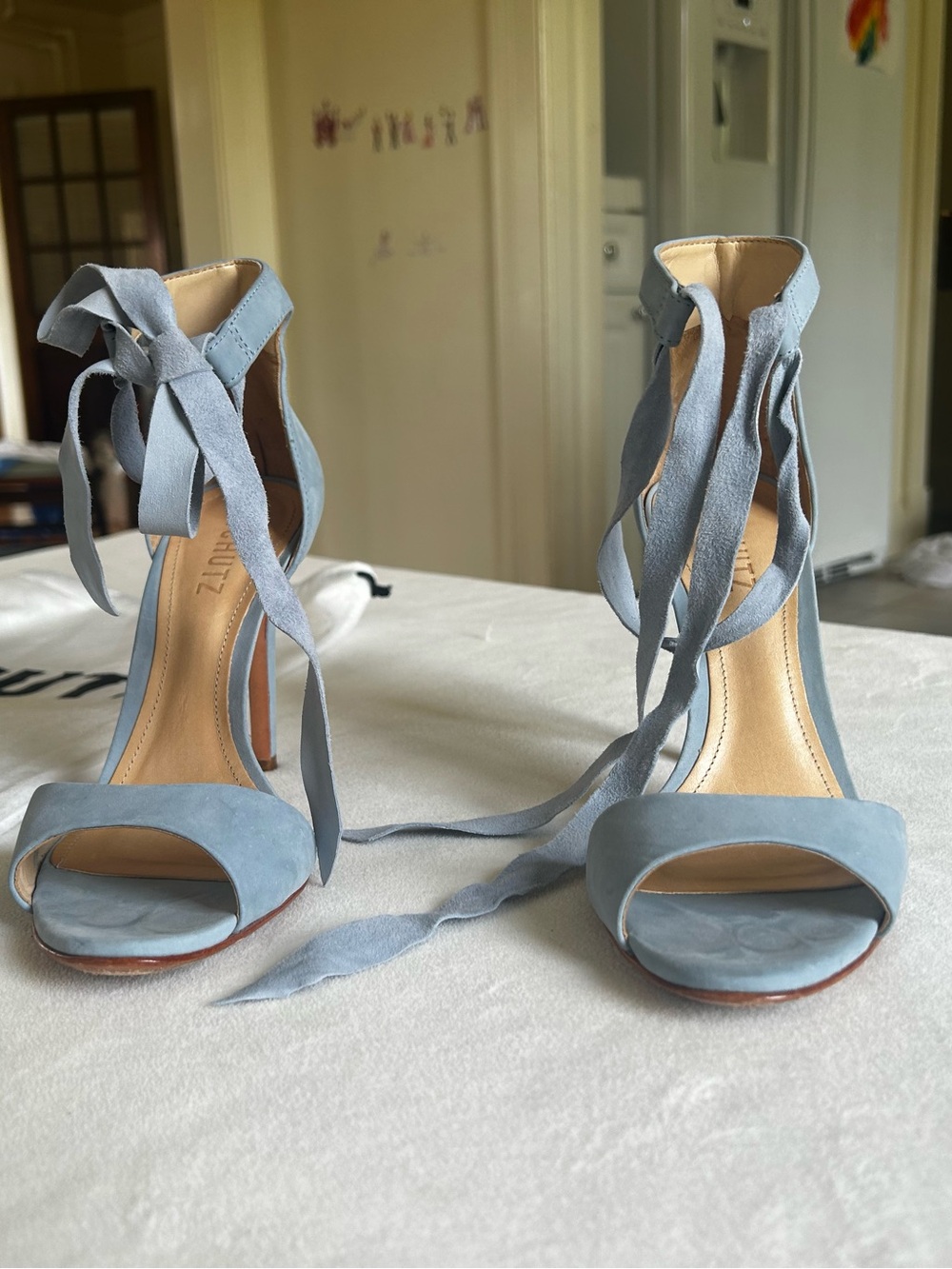 SCHUTZ Powder Blue Suede Lace-Up Heeled Sandals - Picture 2 of 8